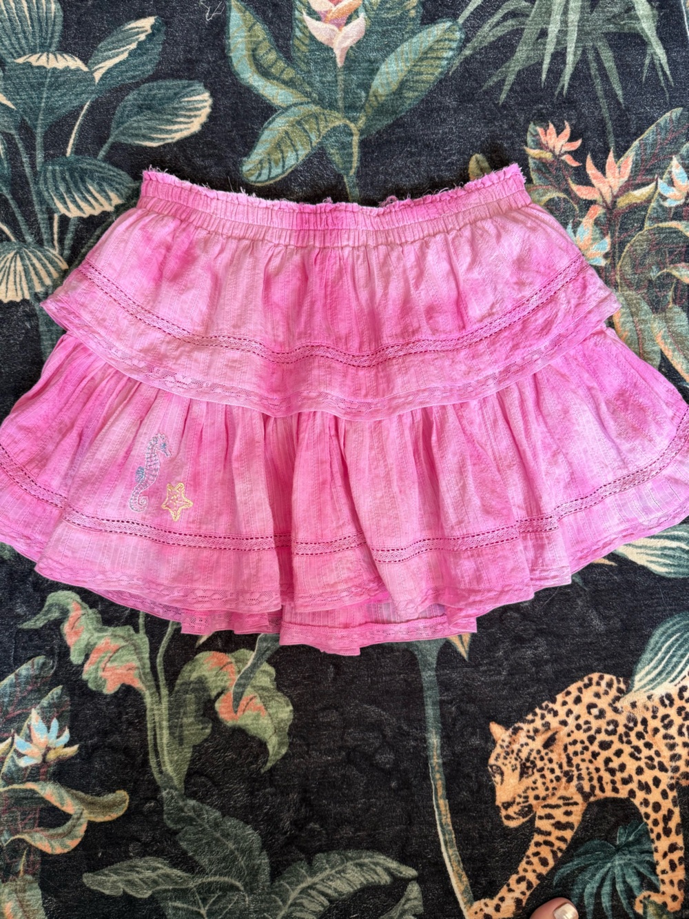 Loveshackfancy Hand embroideredSea creature hot pink dye ruffle mini skir
